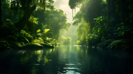 Poster morning in the woods,, Serene River Flowing Through a Verdant Forest with Towering Trees © Abdul