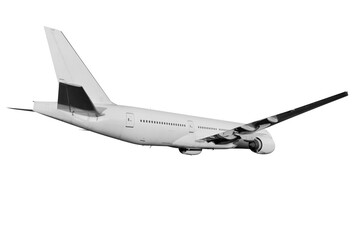 White wide body passenger jet plane flies isolated