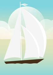 Morning landscape with sea and vessel vector illustration. Seaside with clouds. Scandinavian nature