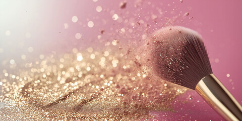 Close up of makeup brush with golden glitter powder flying around on pastel pink background. Beauty concept banner with copy space.