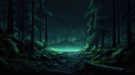 Mystical forest landscape with glowing tent under starry night sky. Adventure and exploration.