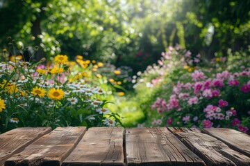 Fototapeta premium Rustic Wooden Table with Sunny Flower Garden in the Background. Useful for Mock up.