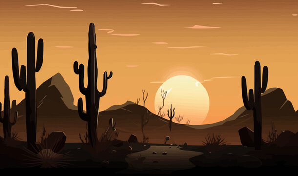 moonlit desert with cacti silhouettes vector simple isolated illustration