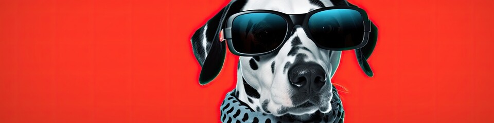 Dalmatian dog portrait cute puppy wear retro sunglass fashion collar collage as banner on the red background