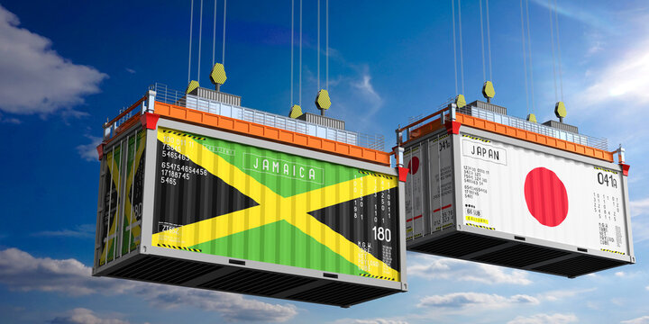 Shipping containers with flags of Jamaica and Japan - 3D illustration