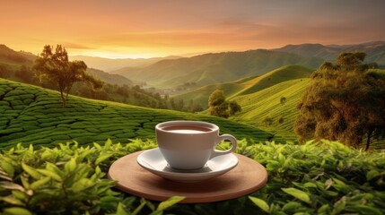 A white cup of tea on wooden table in lush green tea leaves garden with a beautiful sunrise illuminating the rolling hills in the background