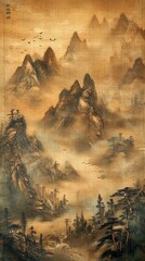 A masterful antique painting of a mountain range, where each peak is graced by a lone figure, the HD details enhancing the beauty of the scene.