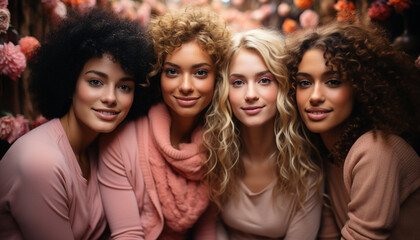 Obraz premium Smiling women, happiness, cheerful, friendship, looking at camera, females generated by AI