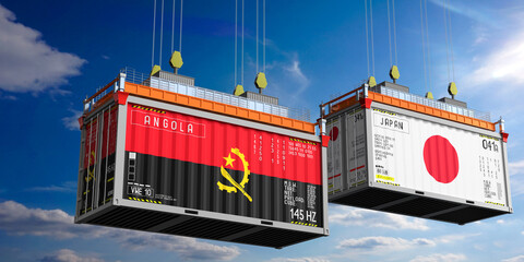 Shipping containers with flags of Angola and Japan - 3D illustration