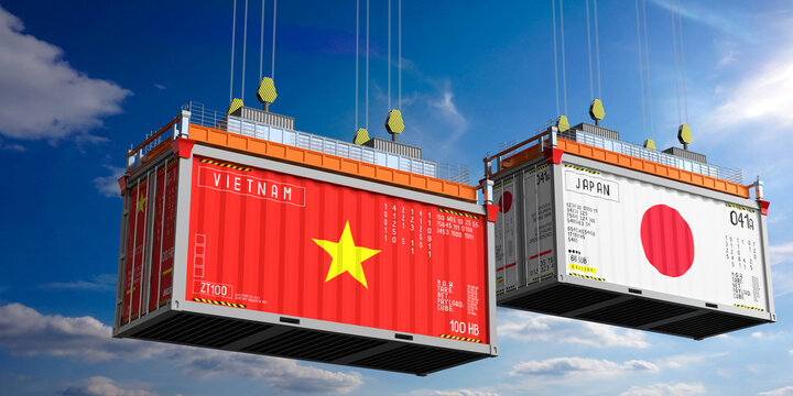 Shipping containers with flags of Vietnam and Japan - 3D illustration