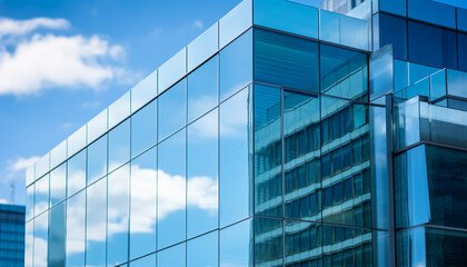 Fototapeta na wymiar Modern skyscraper with blue glass facade reflects cityscape in window generated by AI