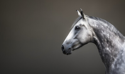 Obraz na płótnie Canvas Close up of a white horse's head against a gray background