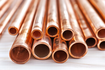 Copper hollow pipes isolated on a white background