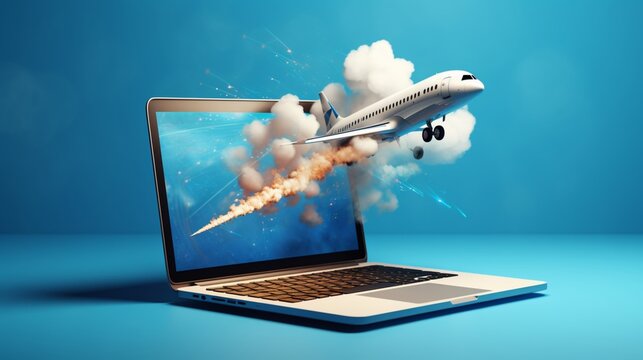 Rocket coming out of laptop screen, blue background 
