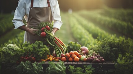 Selected fresh vegetables for health. Anonymous chef harvesting fresh vegetables on a organic vegetable farm, concept of healthy food, copy space