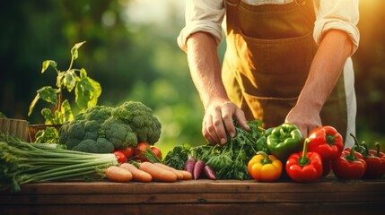 Selected fresh vegetables for health. Anonymous chef harvesting fresh vegetables on a organic vegetable farm, concept of healthy food, copy space