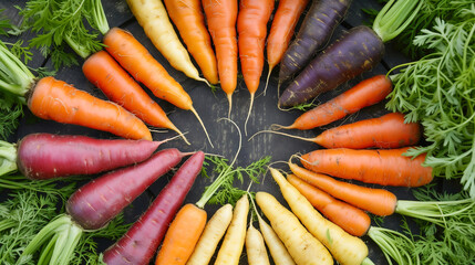 Carrots of many colors in circle. GMO food concept - obrazy, fototapety, plakaty