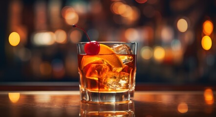 Manhattan cocktail with orange slice and cherry