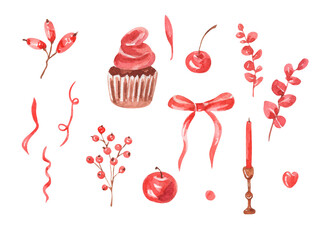 Watercolor red set. Red cupcake, cranberry, berries, cow berries, candle, apples, bows, ribbon , cherry. Vintage design. Love and gifts
