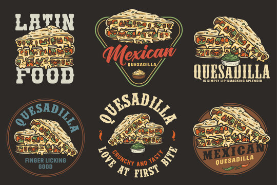 Mexican quesadilla set vector with cheese and vegetable for logo or emblem. Latin traditional mexican fast food. Quesadillas Mexico food with tortilla and meat for poster or print