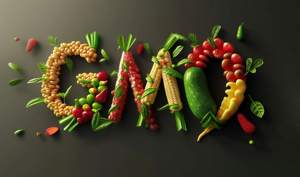 Vegetables laid out in the form of the word GMO image, top view logo