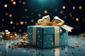 Gift box with golden ribbon over bokeh background