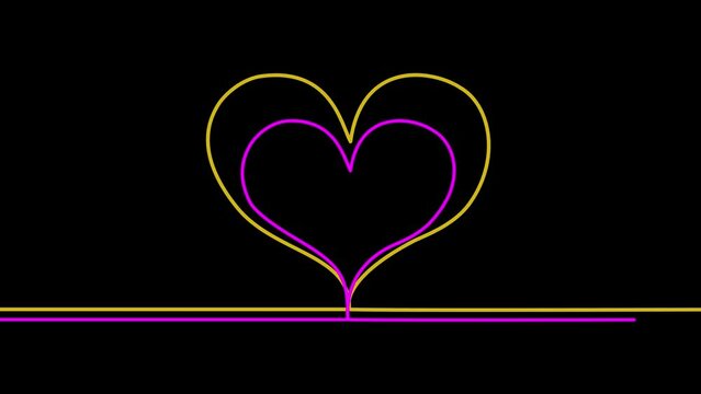 Two hearts with gold and pink outline illustration, continuous line art drawing with isolated Black background.