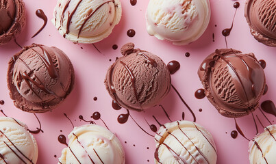 Chocolate scoops of cold and delicious ice cream pattern on a pastel color background. Summer...