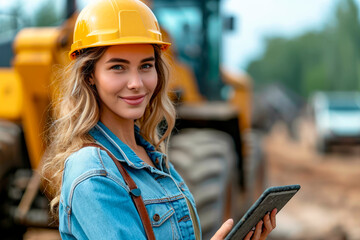 Female Worker and Development Manager with Tablets Lead Construction Site Activity, Overseeing Excavators for Building Foundation Preparation on a Sunny Day