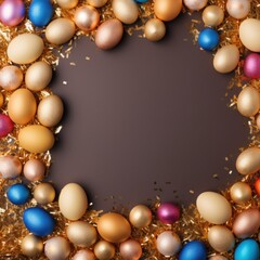 Naklejka na ściany i meble Gold background with colorful easter eggs round frame texture