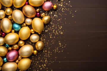 Gold background with colorful easter eggs round frame texture