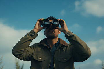 man looking through binoculars