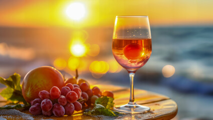 Close-up of a glass filled with rosé wine on a small, sunlit vintage table at the beach, adorned with fresh fruits, while the sunset casts its glow with a blurred beach backdrop