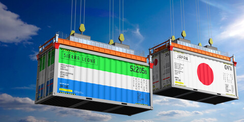 Shipping containers with flags of Sierra Leone and Japan - 3D illustration