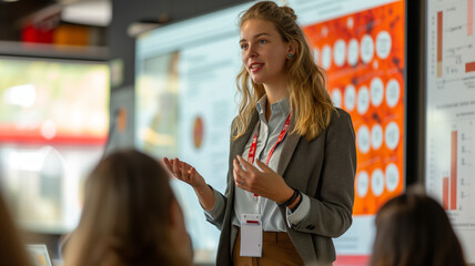 Portrait of businesswoman giving presentation to colleagues in creative office. Business people concept