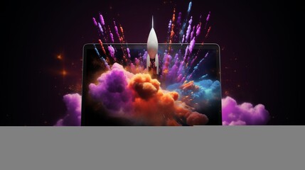Rocket coming out of laptop screen, black purple background 