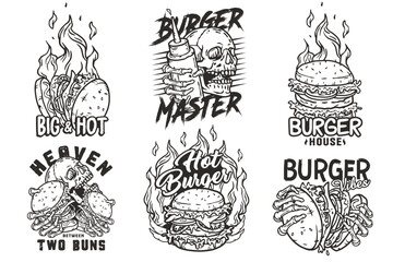 Burger vector set with burning skeleton with burgers in hands. Skull, fire and bones for logo, emblem, print of American food. Hamburger collection for restaurant or cafe