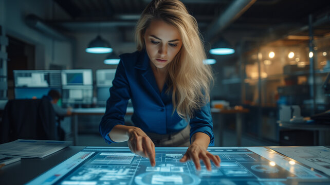 Focused businesswoman working with virtual screen in modern office. Blonde businesswoman using digital tablet.