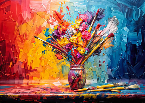 Artistic still life with paintbrushes and bouquet of flowers