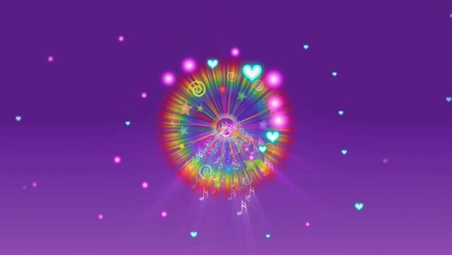 Rotating musical notes and colorful hearts in fireworks