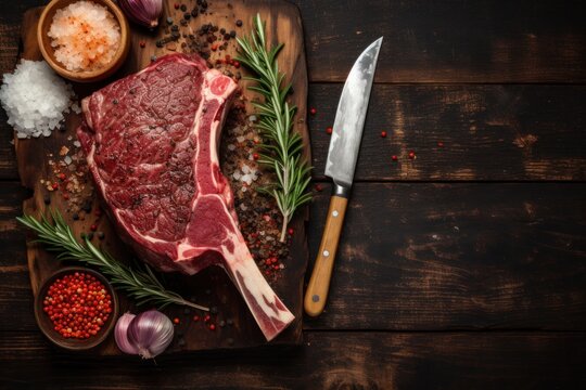 Raw tomahawk steak on wooden background