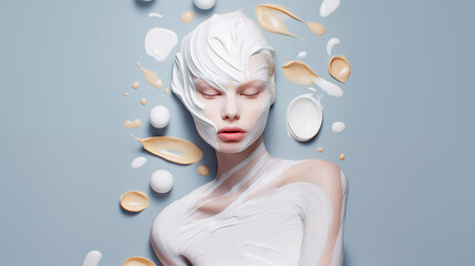 White cosmetic cream lotion moisturizer strokes on woman body . Hygiene, skincare product creamy texture. Beauty face cream smear smudge on face and body