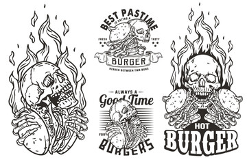 Burger vector set with burning skeleton with burgers in hands. Skull, fire and bones for logo, emblem, print of American food. Hamburger collection for restaurant or cafe