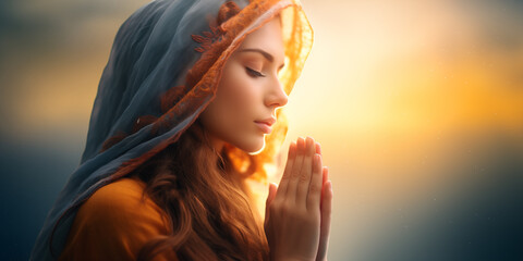 woman with head covered in scarf praying to God , Christianity and religion background, faith and redemtion banner - obrazy, fototapety, plakaty