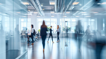 Businesspeople walking in busy modern office background