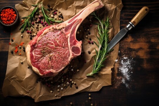Raw tomahawk steak on wooden background