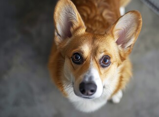 Close-up of a curious Corgi with expressive eyes and erect ears, looking up.