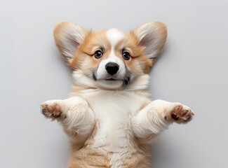 A playful Corgi puppy lying on its back, showcasing its adorable belly and paws, on a light background.