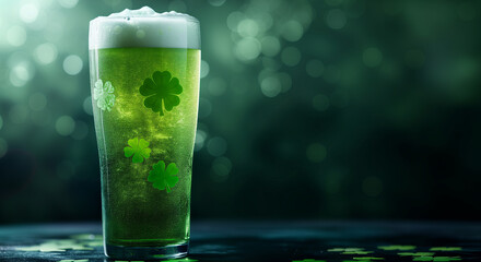St. Patrick's day green beer with clovers inside over dark background, blank space, wallpaper template - obrazy, fototapety, plakaty
