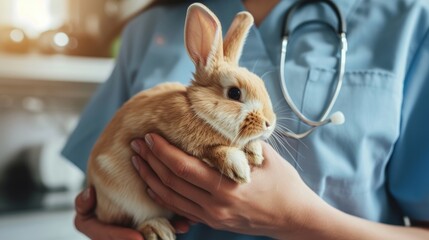 Veterinarian examining a baby rabbit in a clinic on a white background, highlighting the hands of the vet doctor in the prevention, vaccination, and treatment of animals with copy space for text